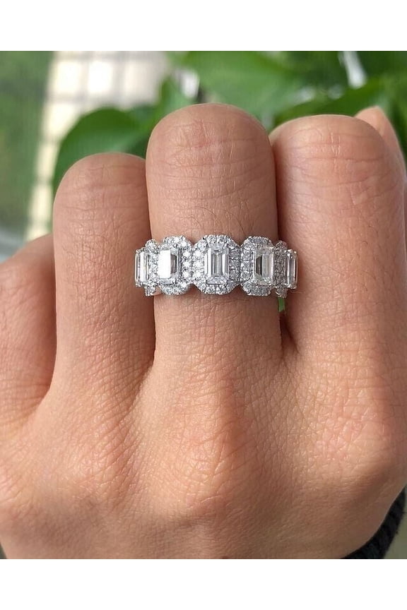 Pretty Wedding Band Ring 14k White Gold Finish Emerald Cut Cubic Zirconia For Women's