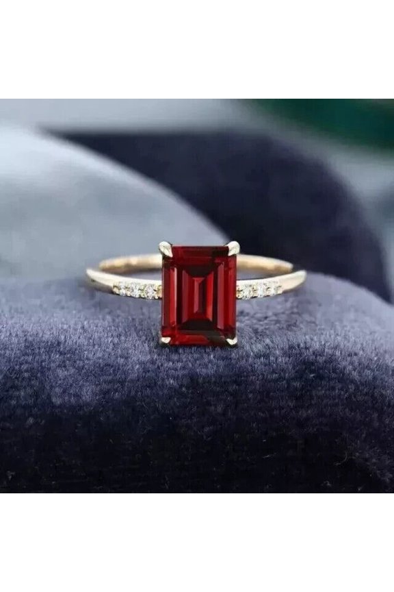 Red Cubic Zirconia Emerald Cut Womens Band Ring 14k Yellow Gold Plated