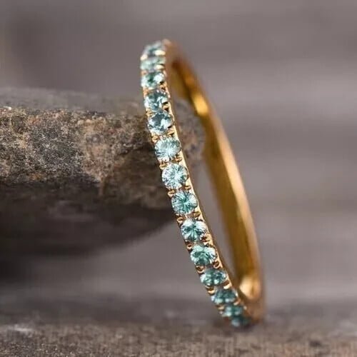 Hitanshu Jewels Round Cut Blue Cubic Zirconia Eternity Wedding Band Women Ring 14K Yellow Gold Finish