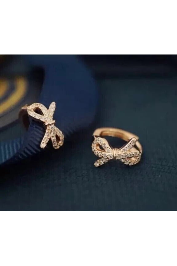 Round Cut CZ Mini Bow Shape Hoop Earring 14k Yellow Gold Finish