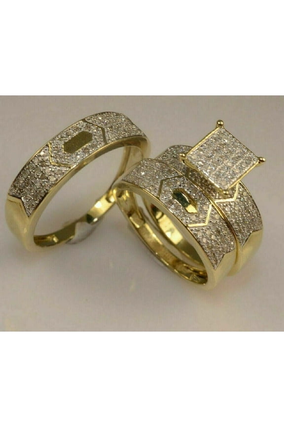 Round Cut Cubic Zirconia 14K Yellow Gold Finish For Womens & Mens Trio Set Wedding Ring
