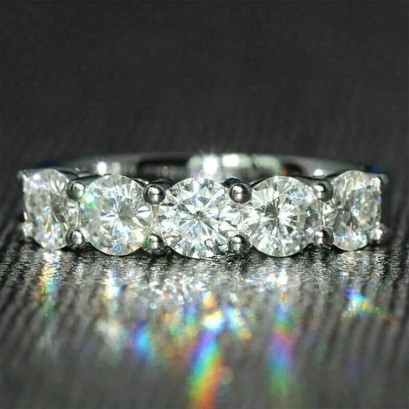 Hitanshu Jewels Round Cut Cubic Zirconia 5-Stone Wedding Women's Ring In 14k White Gold Plated