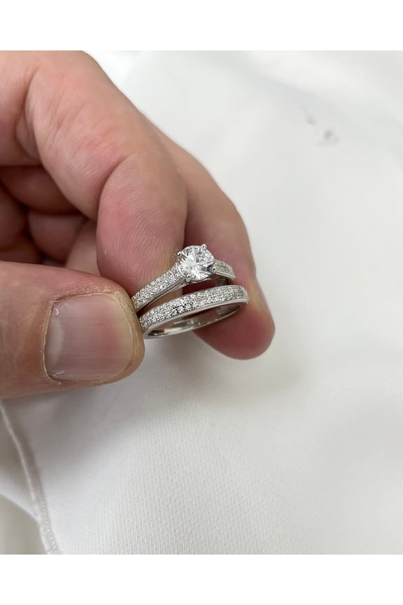 Round Cut Cubic Zirconia His & Her Wedding Band Ring 14K White Gold Plated