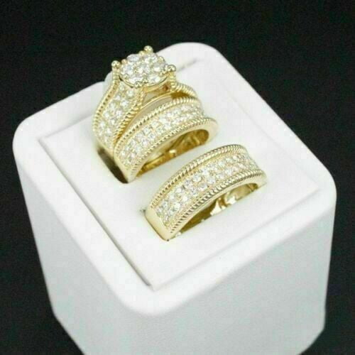 Hitanshu Jewels Round Cut Cubic Zirconia Unisex Trio Set Wedding Ring 14K Yellow Gold Plated