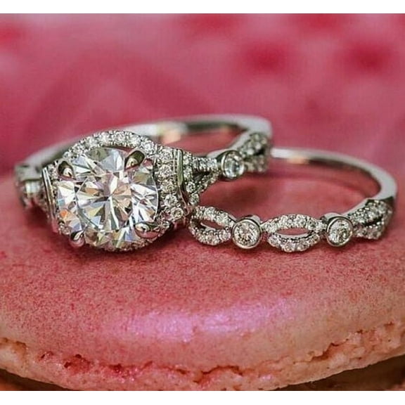 Hitanshu Jewels Round Cut Cubic Zirconia Wedding His & Her Bridal Band Ring 14K White Gold Plated