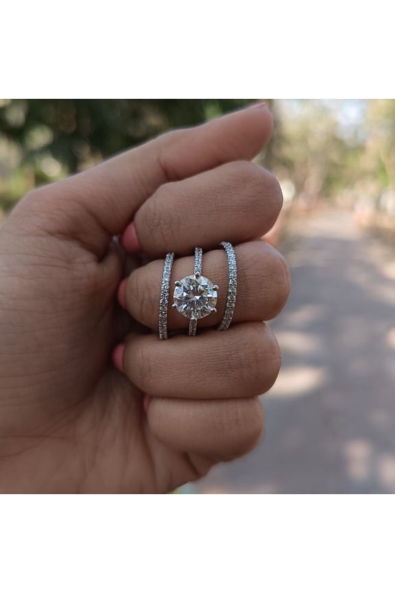 Solitaire Round Cut Cubic Zirconia His & Her Trio Ring 14K White Gold Plated