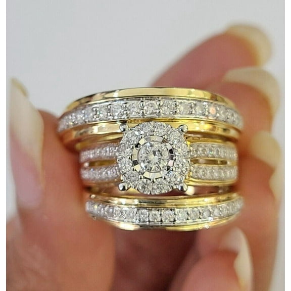 Hitanshu Jewels Stunning 14K Yellow Gold Finish Silver Round Cut CZ Trio Ring Set