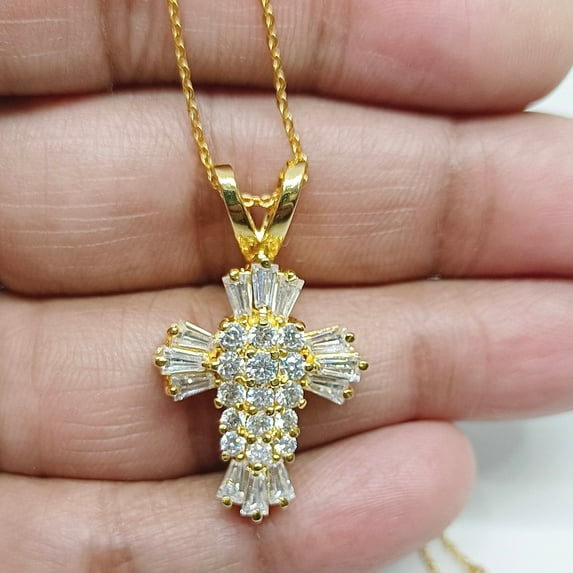 Hitanshu Jewels Stunning Baguette Cut CZ 14K Yellow Gold Finish Silver Women's Cross Pendant