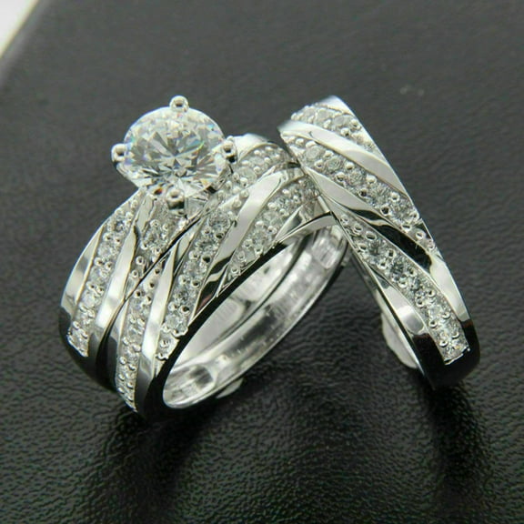 Hitanshu Jewels Trendy Round Cut Cubic Zirconia Wedding Unisex Trio Set Ring 14K White Gold Finish