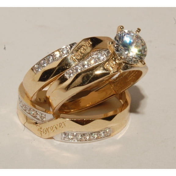 Hitanshu Jewels Wedding 14K Yellow Gold Finish His/Her CZ Bands Trio Ring Set