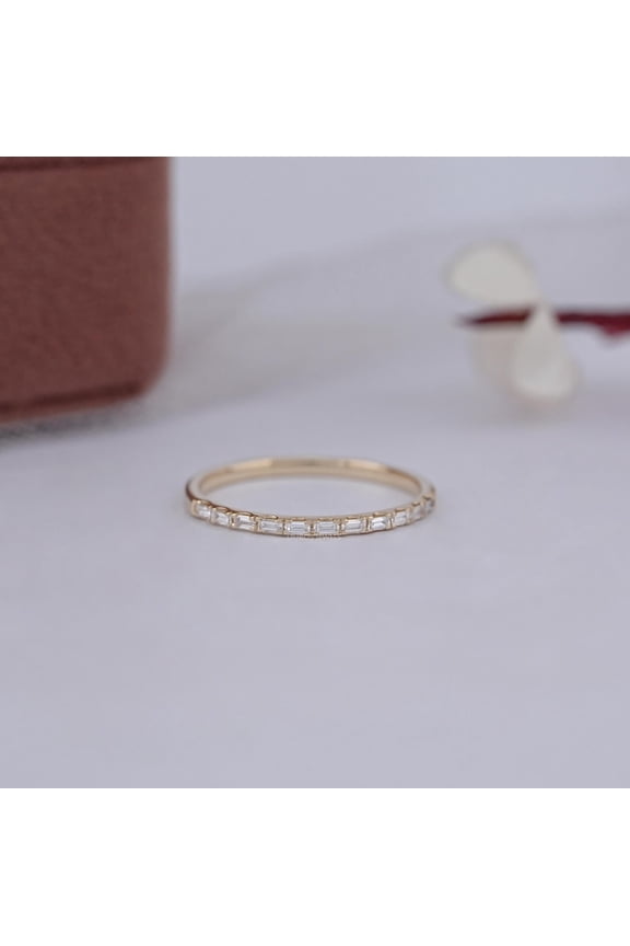 Women's Dainty Baguette CZ Band Ring in 14K Gold Finish – Minimalist Stackable Ring for Everyday Elegance or Gift