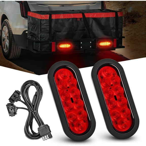 Hitch Cargo Carrier Light Kit 2PCS 6Inch Red Oval LED with Flush Mount Grommets Wire Harness Waterproof Stop Turn Signals Tail Lights for Luggage Bike Rack