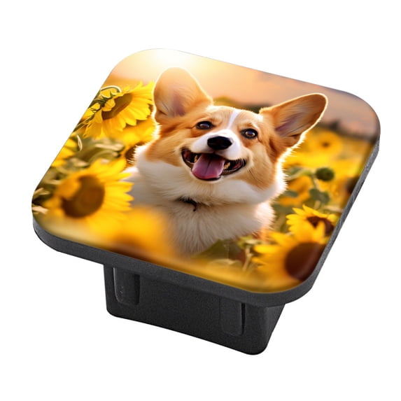 Hitch Cover Fits For 2-Inch Hitch,Happy Corgi Dog Standing In The Middle Of Sunflower Fieldrubber Trailer Hitch Cover Tube Plug Insert,Car Exterior Accessories, Receiver Tube Hitch Plug