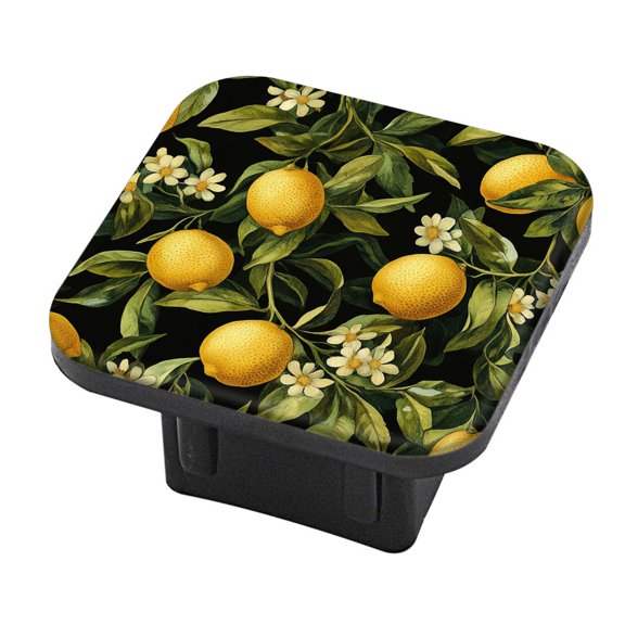 Hitch Cover Fits For 2-Inch Hitch,Lemon, Leaf And Flower Pattern On A Black Backgroundrubber Trailer Hitch Cover Tube Plug Insert,Car Exterior Accessories, Receiver Tube Hitch Plug