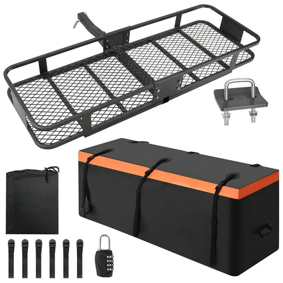 Hitch Mount Cargo Carrier Basket 60" x 20" x 5.9"+Waterproof Cargo Bag 15 Cubic Feet, Hitch Stabilizer, Net, Straps, 2-Inch Folding Shank, 200 lbs Capacity Hitch Rack, Steel Construction