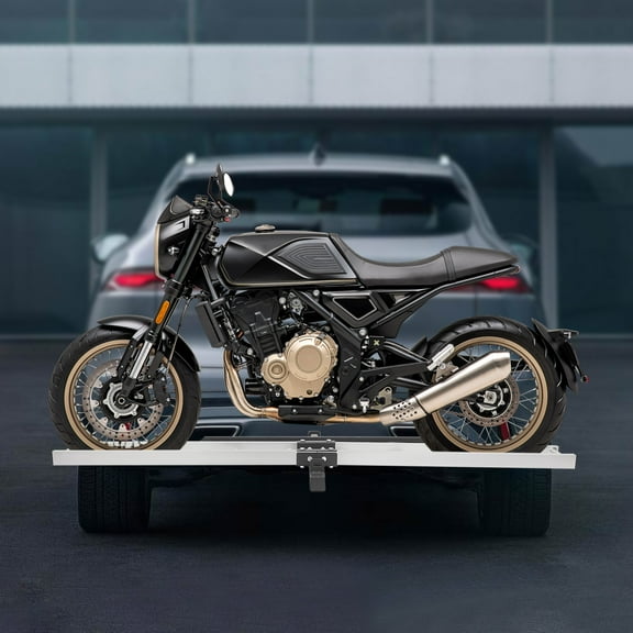 Hitch-mounted Motorcycle Carrier, Aluminum and Steel, 450lbs Weight Capacity, Includes Ramp and Straps, , Safe, Ideal for Dirt Bike Transport and Display