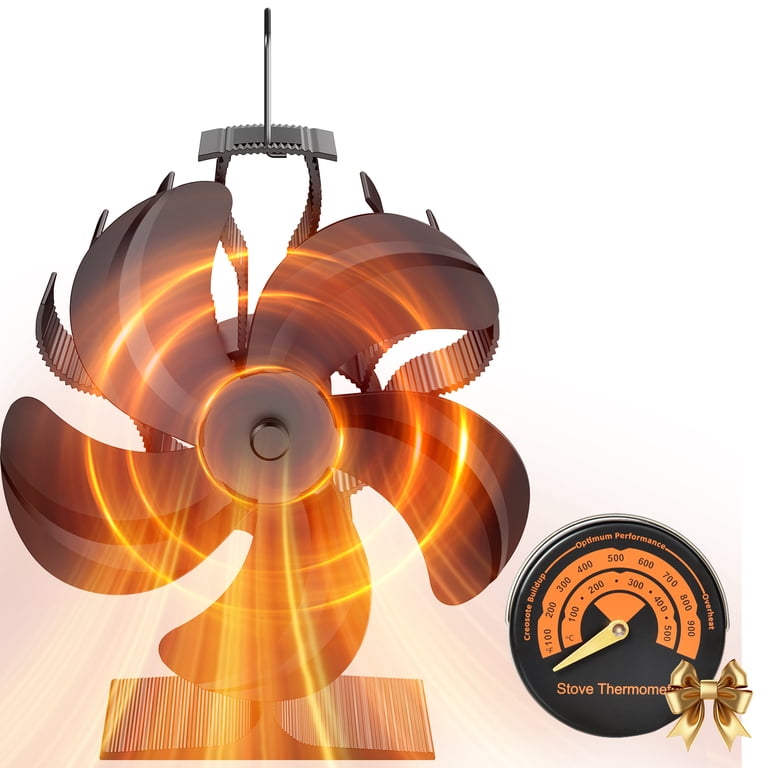 5-Blade Heat Powered Fireplace Fan with Magnetic Thermometer, Non
