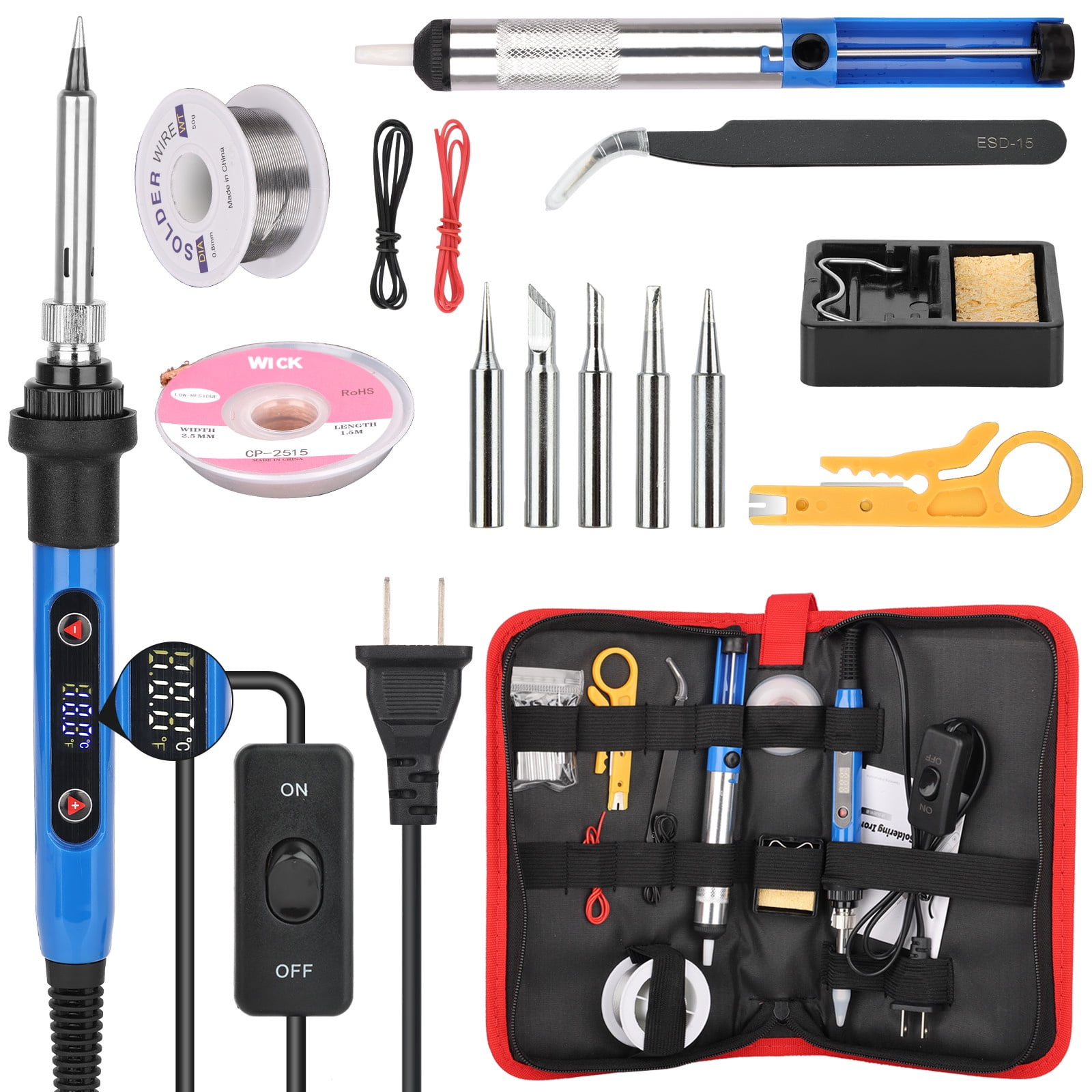 Hiteenyian 15 PCS Electric Soldering Iron Kit, 80W Adjustable Temperature Digital Display Repair Soldering Tool, Portable Electronic Circuit Board Precision Welding Small Tool Kit with ON-Off Switch