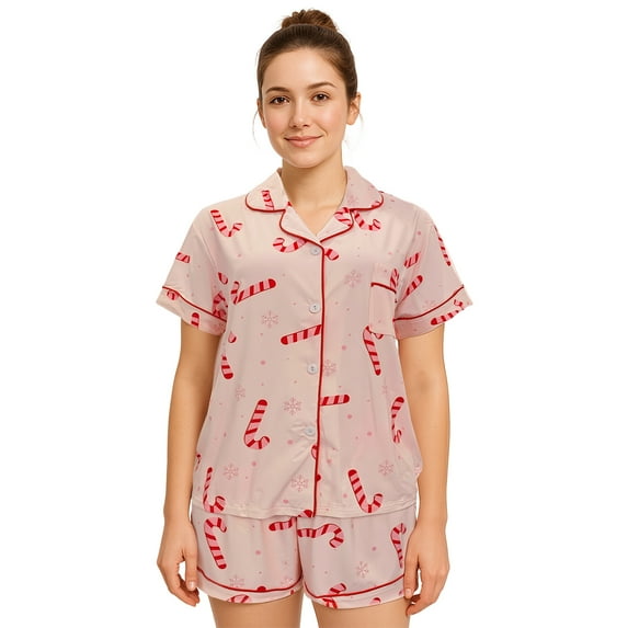 Hitime Christmas Milk Silk Womens Pajamas Set Button Down Silk Sleepwear Short Sleeve Breathable Nightwear Loungewear Set, Size M