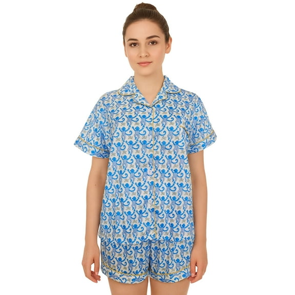 Hitime Milk Silk Womens Pajamas Set Button Down Summer Sleepwear Short Sleeve Breathable Nightwear Loungewear Set, Size XXS