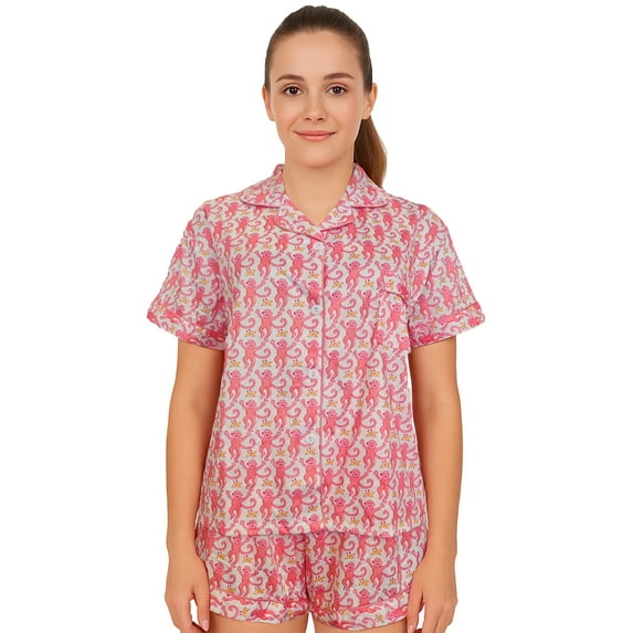 Hitime Milk Silk Womens Pajamas Set Button Down Summer Sleepwear Short Sleeve Breathable Nightwear Loungewear Set, Size XL