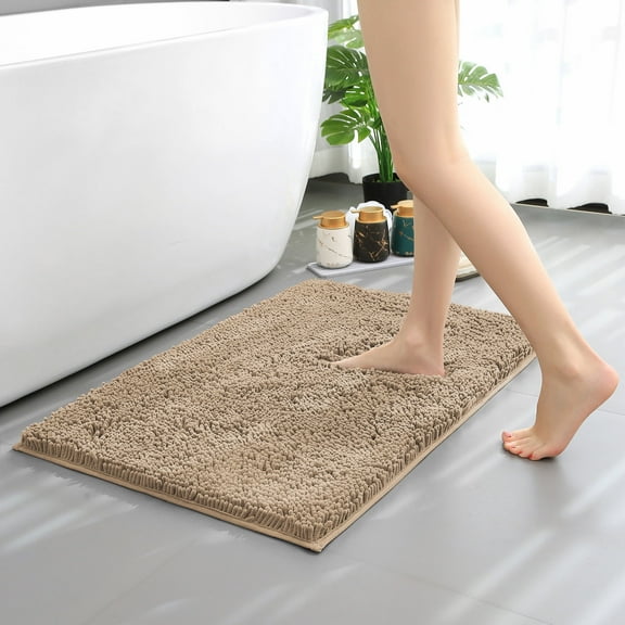 Hitime Soft Chenille Bath Rug Mat 16" x 24" Quick Dry Machine Washable Bathroom Runner - Ultra Absorbent Non-Slip Backing - Beige