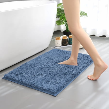 Hitime Soft Chenille Bath Rug Mat 16" x 24" Quick Dry Machine Washable Bathroom Runner - Ultra Absorbent Non-Slip Backing - Blue
