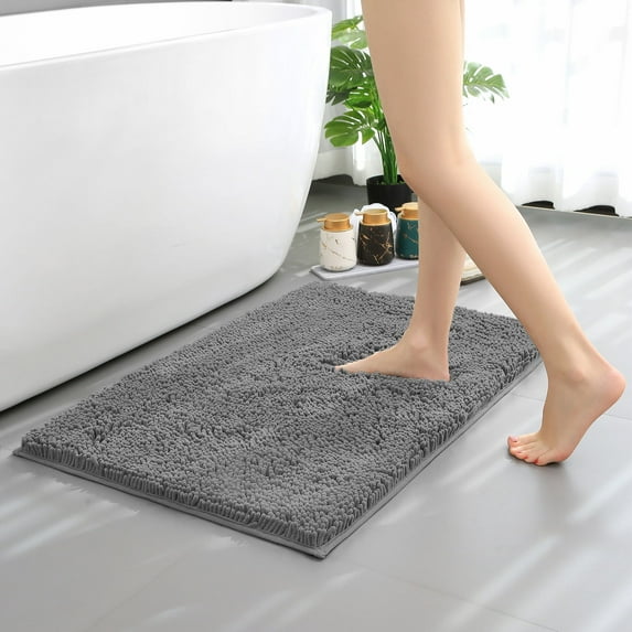 Hitime Soft Chenille Bath Rug Mat 16" x 24" Quick Dry Machine Washable Bathroom Runner - Ultra Absorbent Non-Slip Backing - Dark Gray
