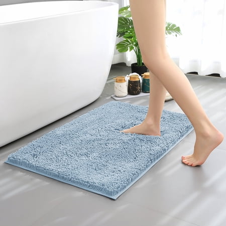 Hitime Soft Chenille Bath Rug Mat 16" x 24" Quick Dry Machine Washable Bathroom Runner - Ultra Absorbent Non-Slip Backing - Light Blue