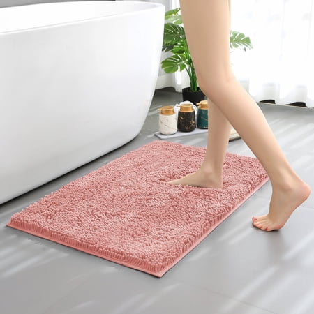 Hitime Soft Chenille Bath Rug Mat 16" x 24" Quick Dry Machine Washable Bathroom Runner - Ultra Absorbent Non-Slip Backing - Pink