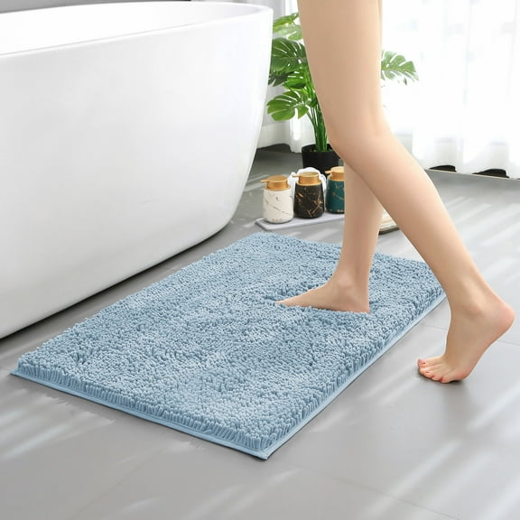 Hitime Soft Chenille Bath Rug Mat 20" x 32" Quick Dry Machine Washable Bathroom Runner - Ultra Absorbent Non-Slip Backing - Light Blue