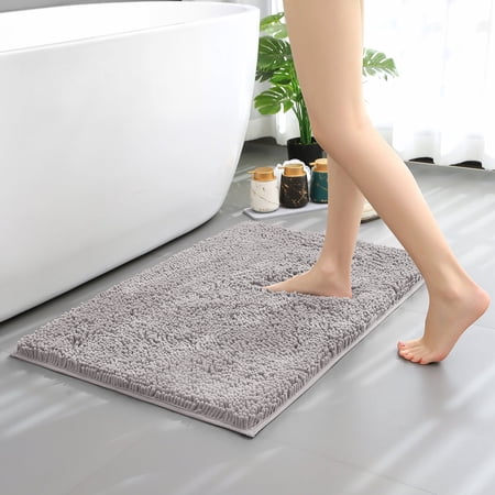 Hitime Soft Chenille Bath Rug Mat 20" x 32" Quick Dry Machine Washable Bathroom Runner - Ultra Absorbent Non-Slip Backing - Light Grey