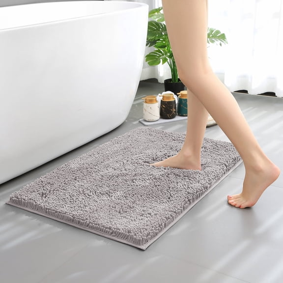 Hitime Soft Chenille Bath Rug Mat 20" x 32" Quick Dry Machine Washable Bathroom Runner - Ultra Absorbent Non-Slip Backing - Light Grey