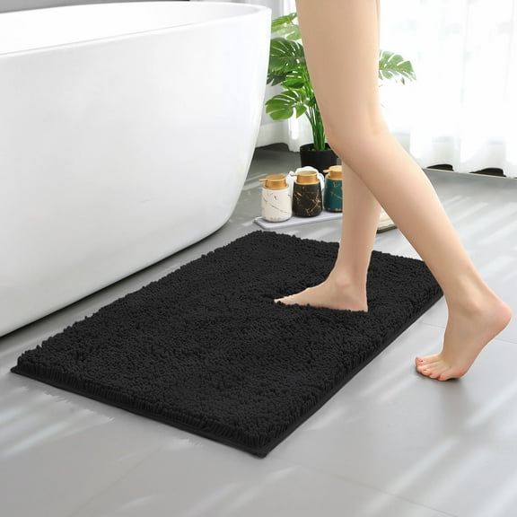Hitime Soft Chenille Bath Rug Mat 24" x 36" Quick Dry Machine Washable Bathroom Runner - Ultra Absorbent Non-Slip Backing - Black
