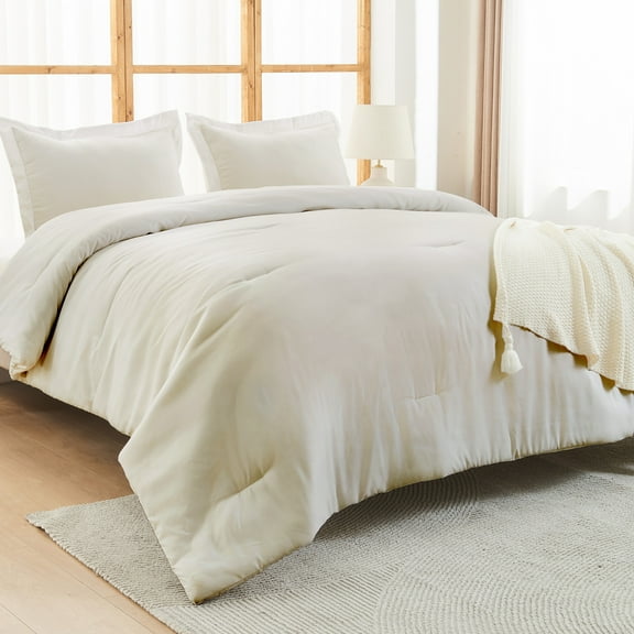 Hitime Ultra Soft Beige King Size Comforter Set 3 Pieces Gentle Down Alternative Bedding 1 Lightweight Comforter and 2 Pillowcases