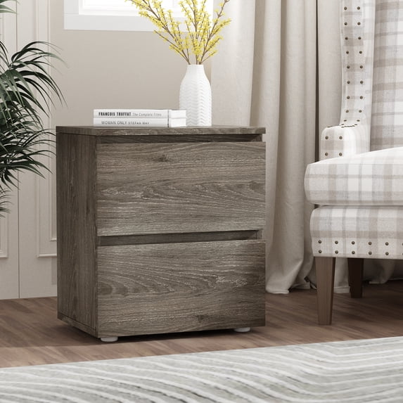 OXYLIFE 2 Drawer Bed Side Table Wooden End Table Nightstand Rustic Gray