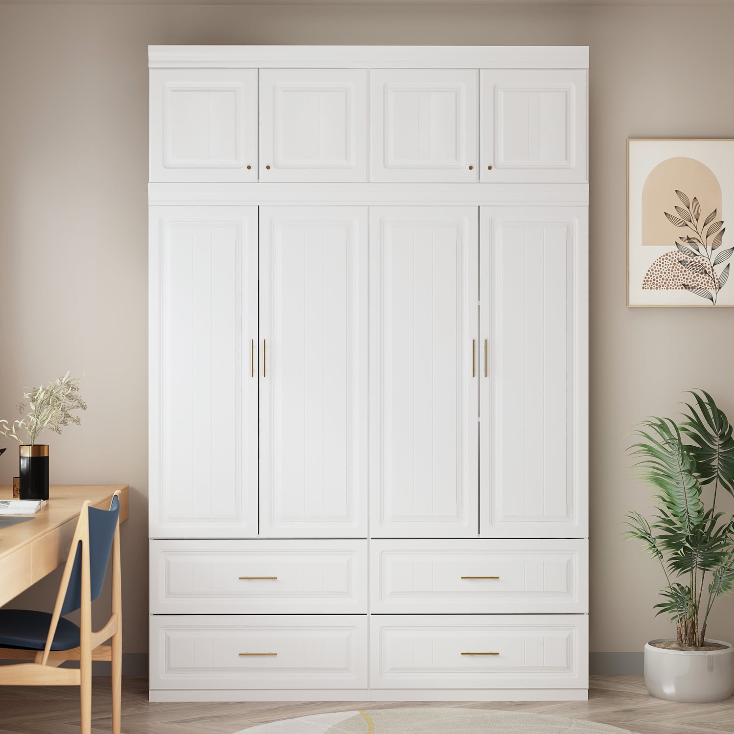 Hitow 4-Door Wardrobe Armoire with Hutch, Shelves and Drawers,White Closet  Storage Cabinet with Clothing Rod for Bedroom, 93.3 H 
