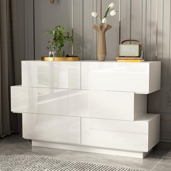 Hitow 6 Drawer Double Dresser in Irregular Shape, Wood Dresser Chest with Glossy Surface, Storage Drawer Cabinet Chest of Drawers for Bedroom Living Room, White (46.1" W x 15.7" D x 30.7" H)