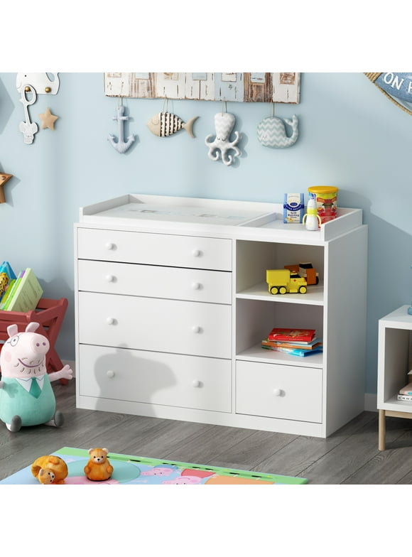 Hitow Baby Changing Table Dresser Nursery Chest with Storage, 5 Drawers and 2 Shelves, White