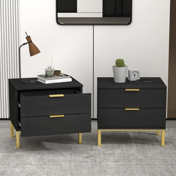 Hitow Black Nightstand with 2 Drawers, Bedside Table End Table & Golden Metal Legs, Small Place Lower Bed Living Room Storage, Nightstand Table Set of 2 (19.7" W x 15.7" D x 17.9" H)