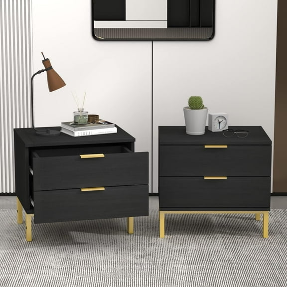 Hitow Black Nightstand with 2 Drawers, Bedside Table End Table & Golden Metal Legs, Small Place Lower Bed Living Room Storage, Nightstand Table Set of 2 (19.7" W x 15.7" D x 17.9" H)
