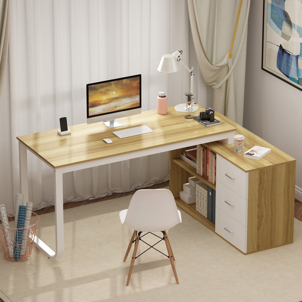 Hitow Home Office Desk, 55 Inch Wood and Metal Study Corner Desk ...