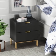 OxyLife Black Nightstand with 2 Drawers and Metal Legs