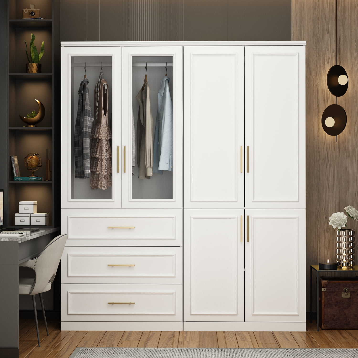 Hitow Wardrobe Armoire with Glass Doors, Bedroom Closet with