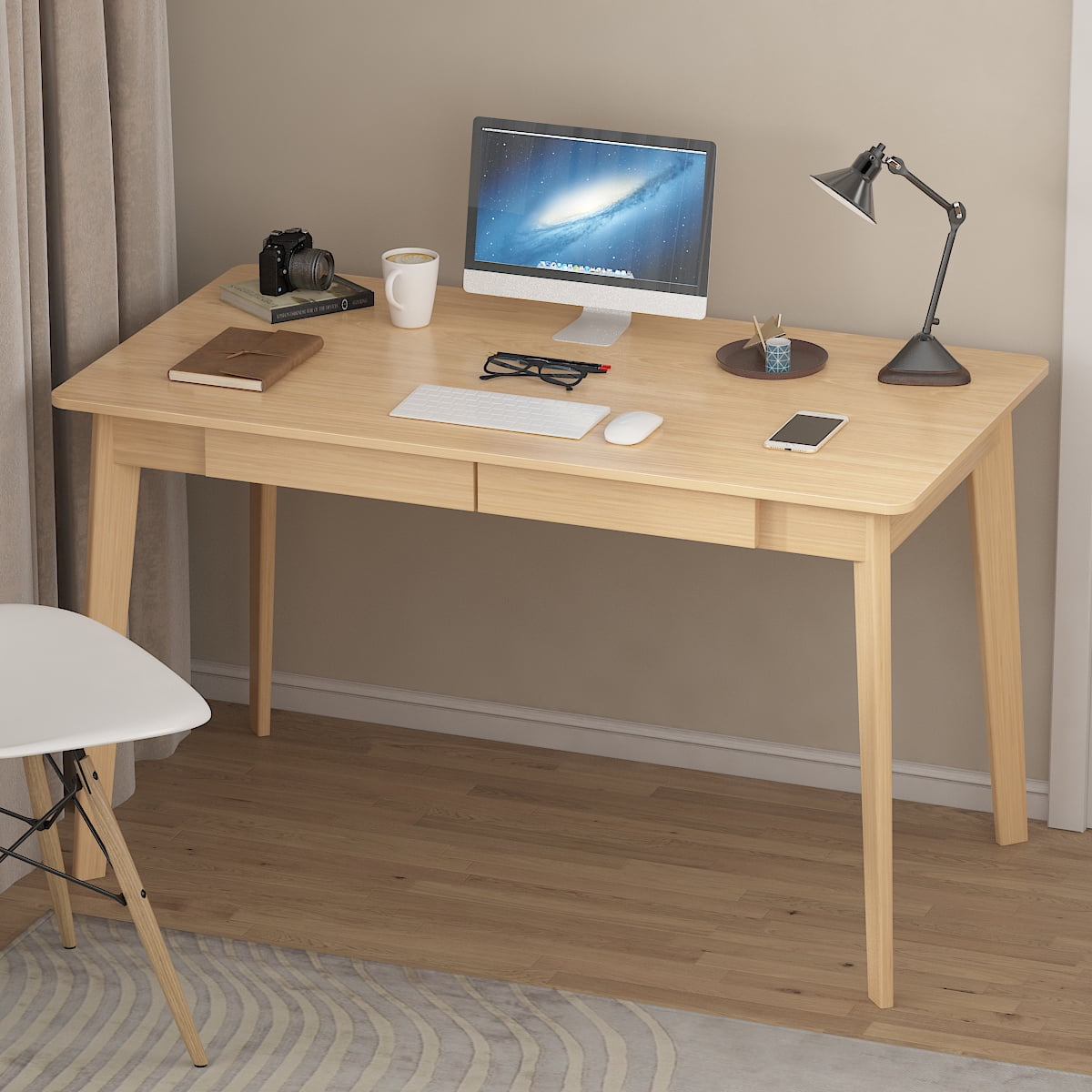 Hitow Writing Desk with 2 Drawers, Home Office Computer Laptop Desk ...