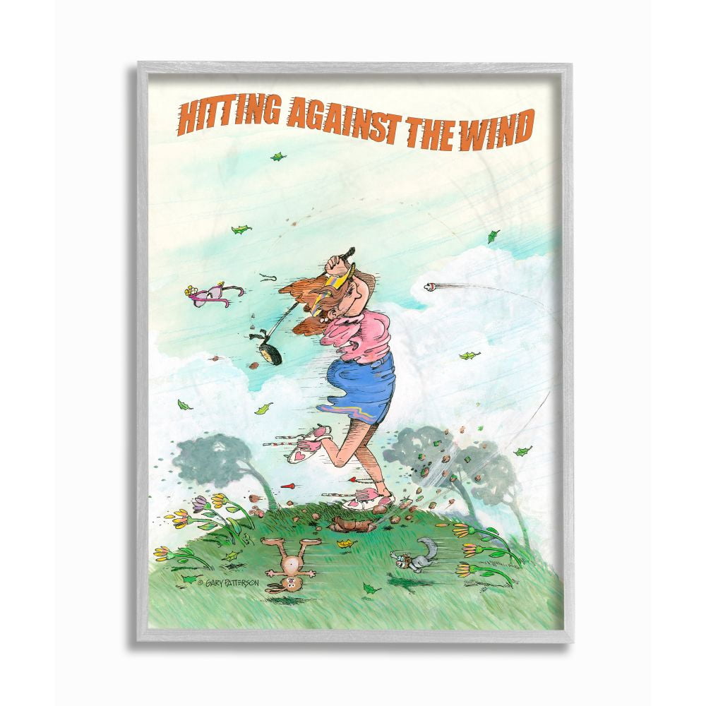 Hitting Against The Wind Funny Golf Cartoon Sports Design Gray Farmhouse Rustic Framed Giclee Texturized Art by Gary Patterson