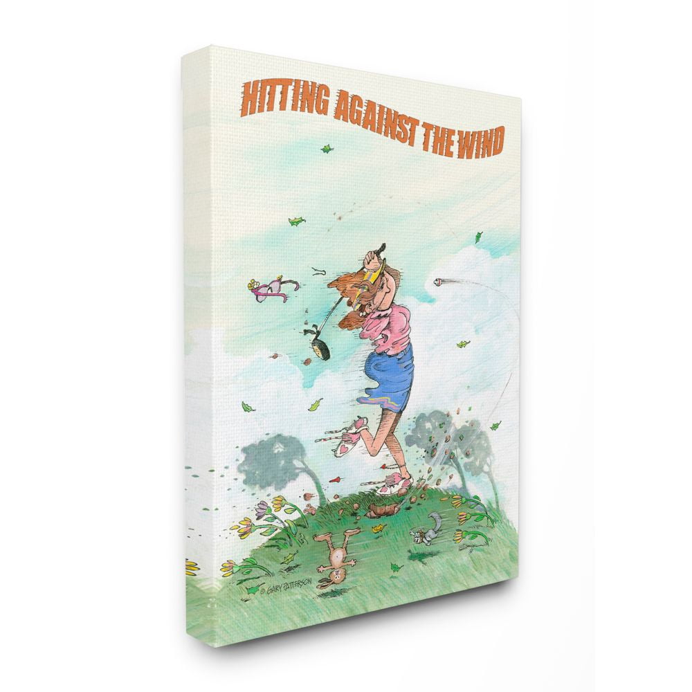 Hitting Against The Wind Funny Golf Cartoon Sports Design Super Oversized Stretched Canvas Wall Art by Gary Patterson