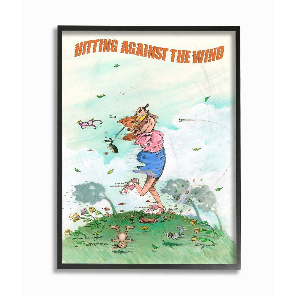 Hitting Against The Wind Funny Golf Cartoon Sports Design XXL Framed Giclee Texturized Art by Gary Patterson