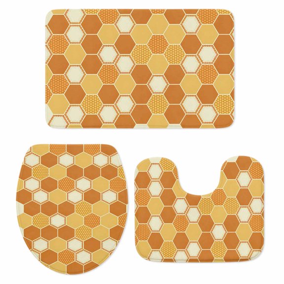 Hive Bathroom Rugs Set Yellow Orange Hexagon Non Slip Absorbent Soft Bath Mats 3 Piece Set with Bathroom Rug, U-Shaped Floor Mat, Toilet Seat Cover Large Size