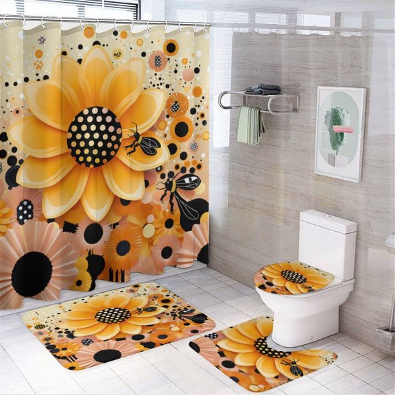Hive And Bee With Flowers And Sunflowers 4 Piece Bathroom Rug Set with Shower Curtain with Non-Slip Rugs Toilet Lid Cover And Bath Mat Bees And Honeycomb Flower Durable And Waterproof
